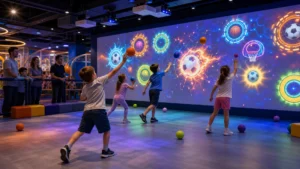Children throwing soft balls at an interactive wall projection game in a family entertainment center