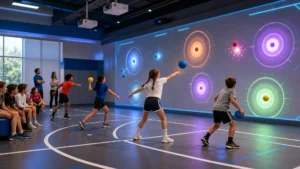 Interactive gym wall games for schools with children throwing soft balls at projected targets