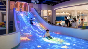 Interactive slide projection system for indoor playgrounds with children sliding through digital effects