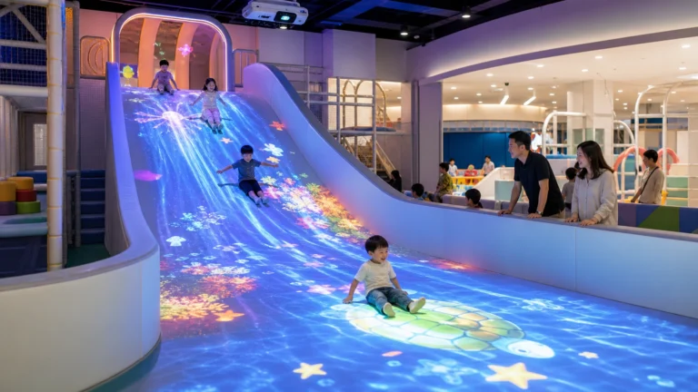 Interactive slide projection system for indoor playgrounds with children sliding through digital effects