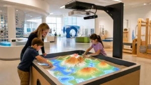 Commercial AR sandbox for sale with projected terrain, overhead projector and depth camera in a science museum