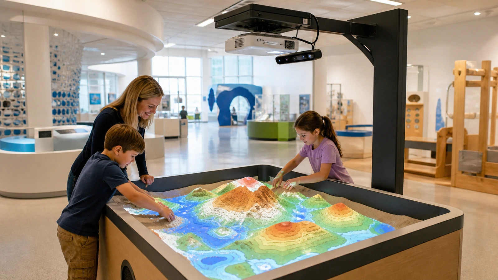 Commercial AR sandbox for sale with projected terrain, overhead projector and depth camera in a science museum