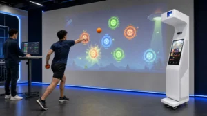 Engineer configuring custom interactive wall projector games while an athlete tests the OneCraze system