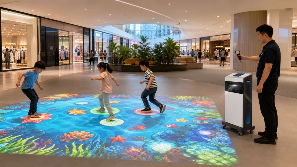 Technician testing a mobile 4,000-Lumen interactive floor projector in a bright shopping mall as children play