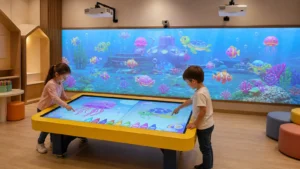 Interactive Graffiti Draw to Life system with touchscreen drawing table and animated ocean projection wall