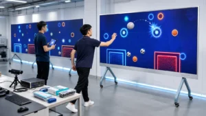 Interactive sports wall manufacturer testing OEM multi-sport game systems with motion-tracking hardware