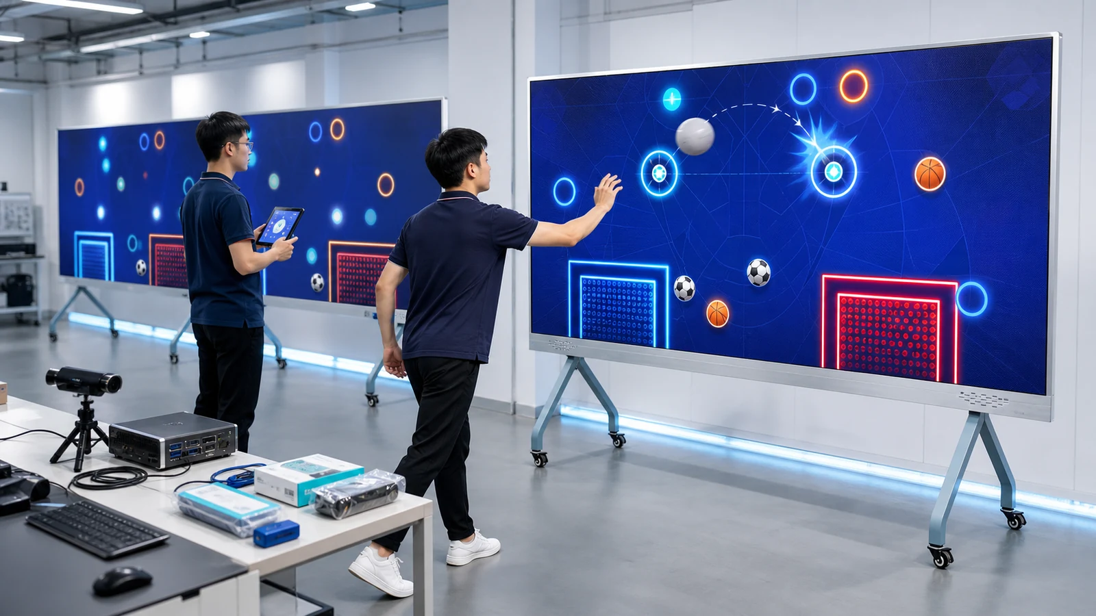 Interactive sports wall manufacturer testing OEM multi-sport game systems with motion-tracking hardware