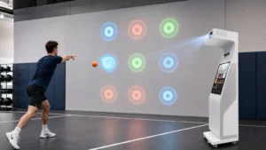 Gym athlete using a OneCraze interactive wall projector system with motion sensors and ball-throwing games