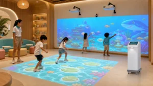 Interactive floor and wall games for a hotel kids club with mobile projector and underwater play activities