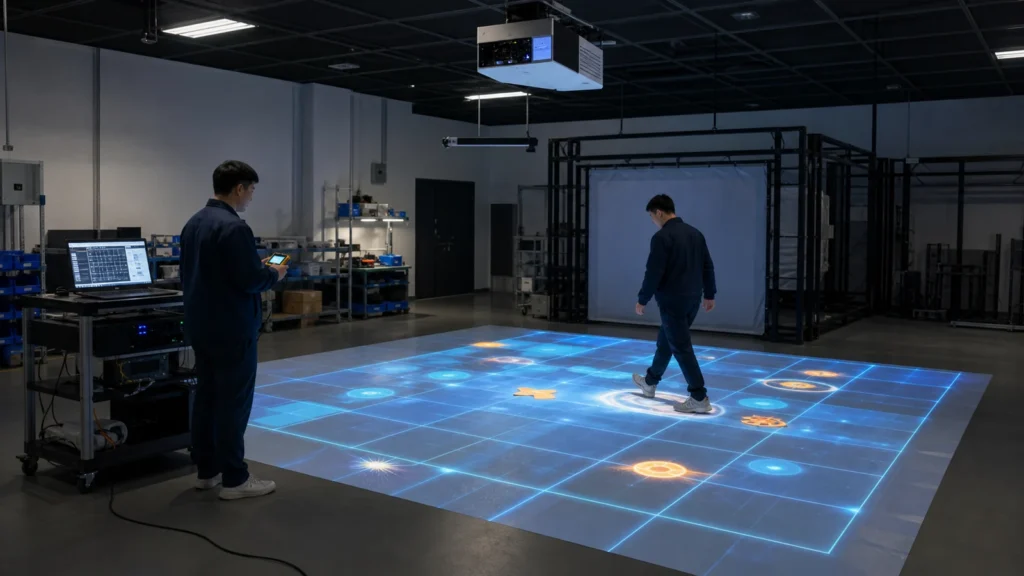 Interactive projection system factory acceptance test with engineers checking floor tracking and equipment performance