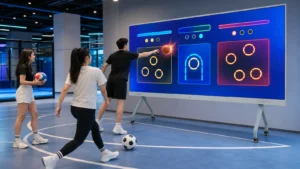 Commercial multi-sport ball simulator with players throwing basketballs and kicking a soccer ball at an interactive sports wall