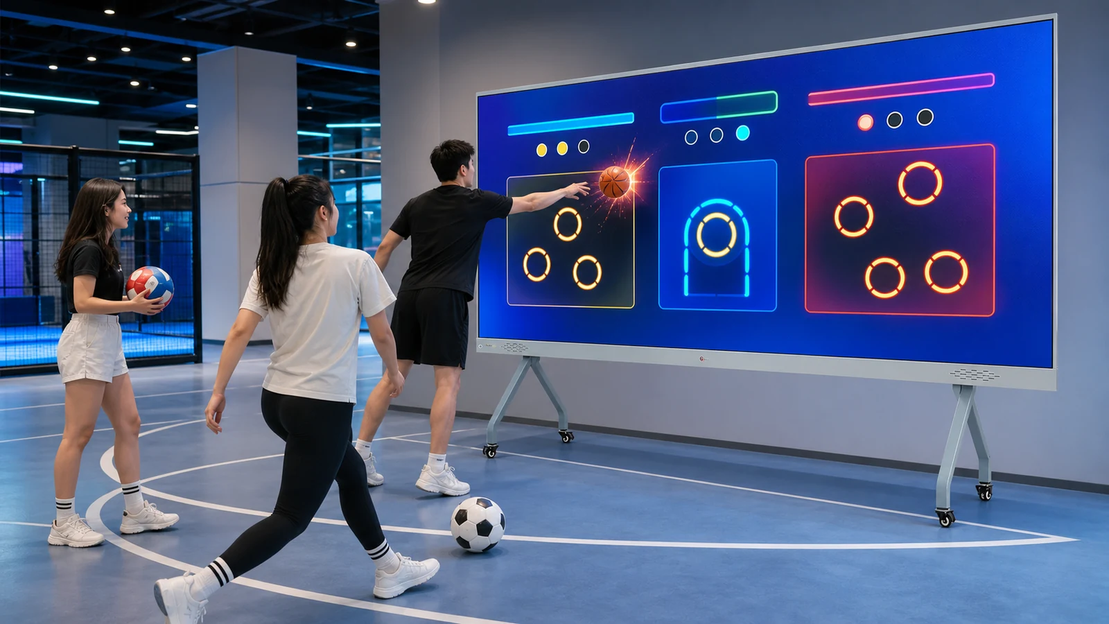 Commercial multi-sport ball simulator with players throwing basketballs and kicking a soccer ball at an interactive sports wall