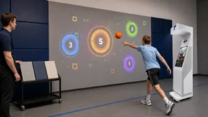 Boy throwing a foam ball at an interactive projection wall powered by a OneCraze projector all-in-one system