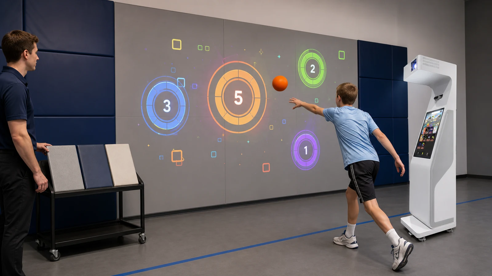 Boy throwing a foam ball at an interactive projection wall powered by a OneCraze projector all-in-one system