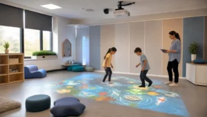Interactive sensory room projector for schools with motion-responsive floor games and teacher tablet control