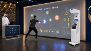 Middle Eastern operator testing multilingual Arabic RTL software on a OneCraze interactive projection system