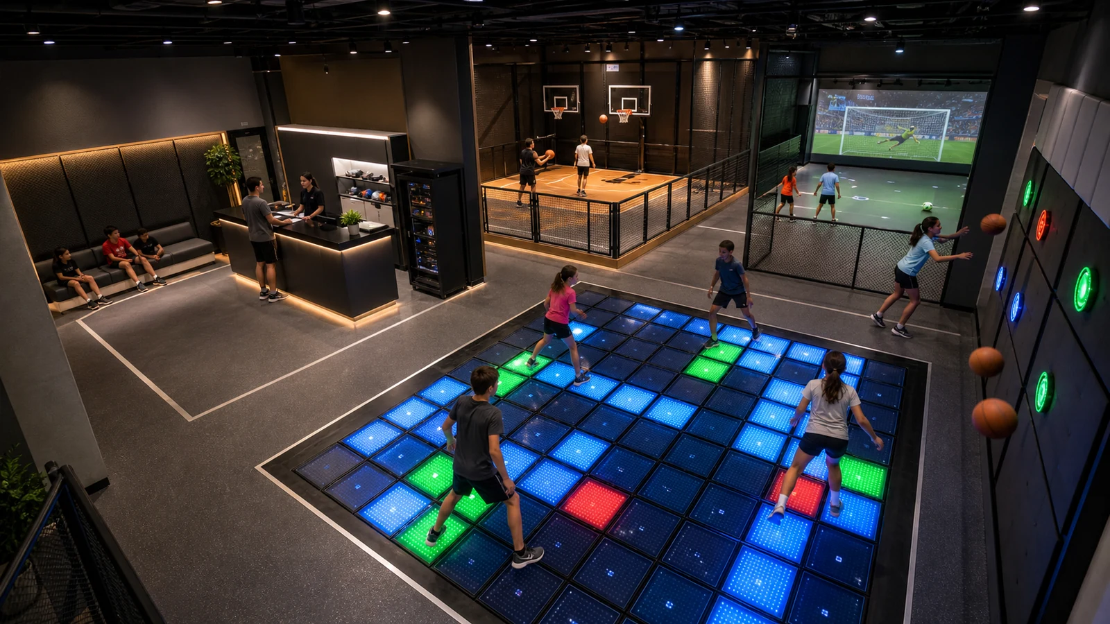 100–300 m² active game center layout with interactive LED floor, sports wall, basketball and reception area