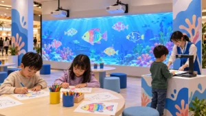 Children coloring and scanning drawings at an interactive aquarium event