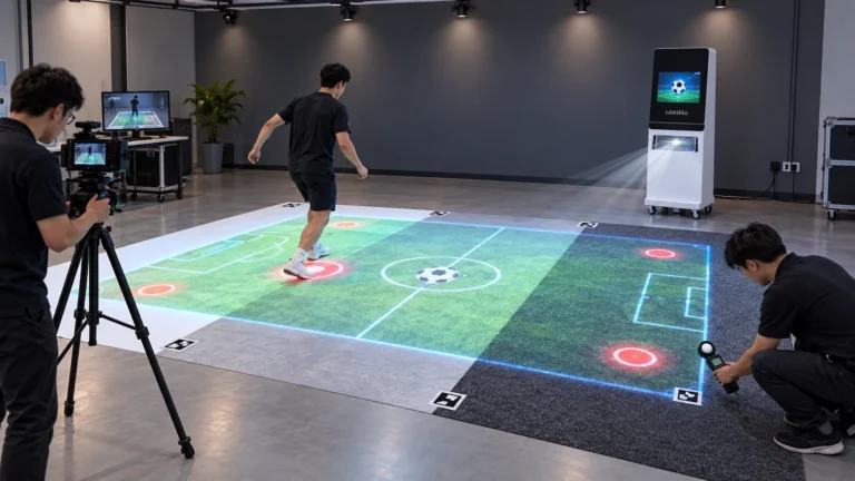 Technicians testing a 4,000-lumen interactive floor projector with a lux meter on three flooring surfaces