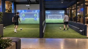 Interactive football wall beside an enclosed soccer simulator with ball return