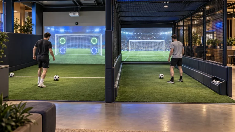 Interactive football wall beside an enclosed soccer simulator with ball return