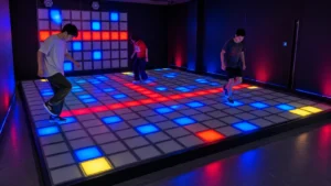 Players navigating a commercial interactive LED jumping grid with illuminated red and blue floor tiles