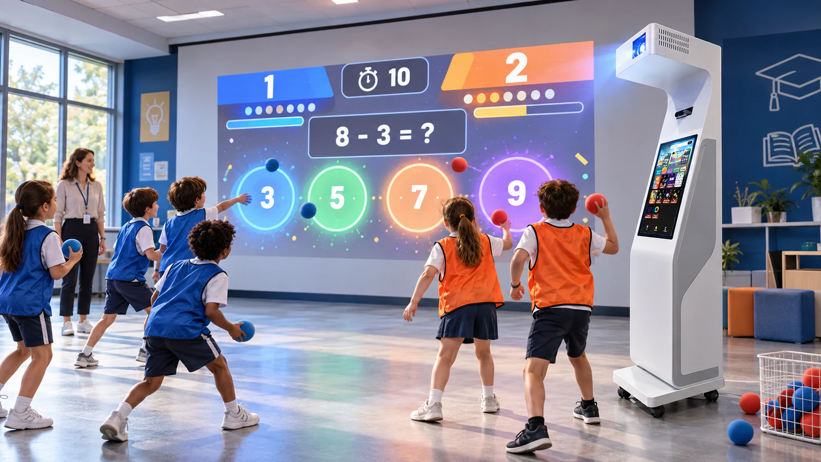 Students playing a team quiz on a portable interactive wall projector