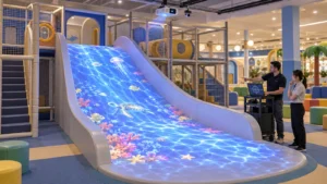 Technician testing interactive projection on an existing playground slide