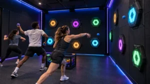 Players throwing soft balls at illuminated hexagonal targets in a OneCraze interactive target throwing arena