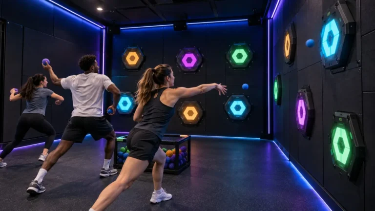 Players throwing soft balls at illuminated hexagonal targets in a OneCraze interactive target throwing arena