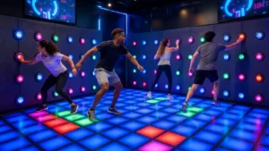 Players competing in an interactive LED floor and push button wall challenge room