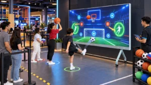 Players using a multi-sport interactive game machine with football and basketball challenges in a commercial FEC