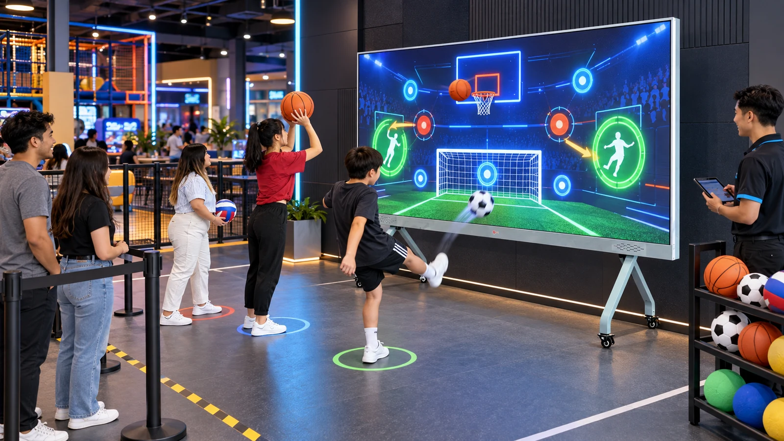 Players using a multi-sport interactive game machine with football and basketball challenges in a commercial FEC