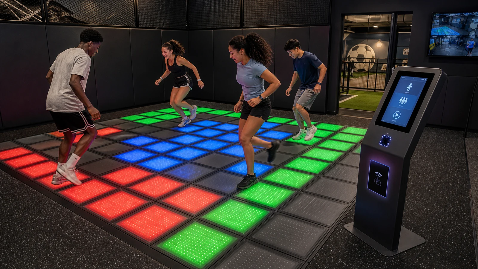 Self-service interactive LED floor game system with RFID and QR access for a family entertainment center