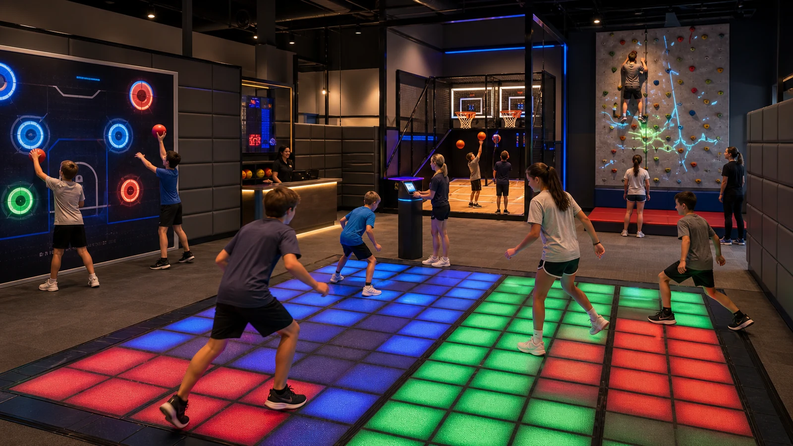 Sport-themed entertainment center equipment with interactive LED floor, ball wall, basketball and climbing games