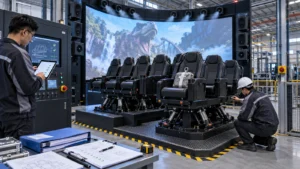 Engineers testing a commercial 5D cinema motion system Equipment Supplier