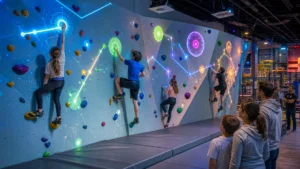 Interactive climbing wall with light panels, colored holds and projected targets