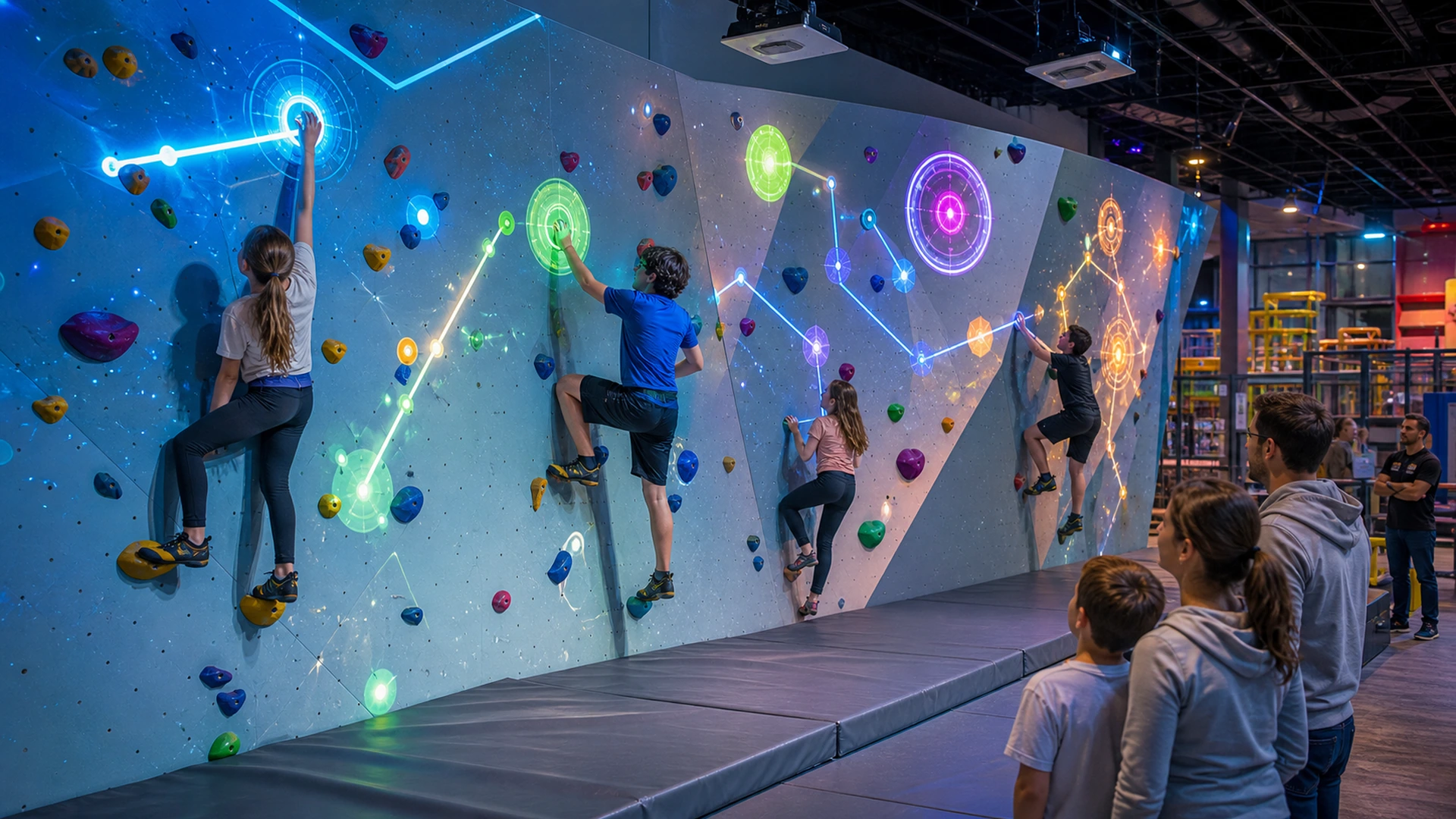 Interactive climbing wall with light panels, colored holds and projected targets