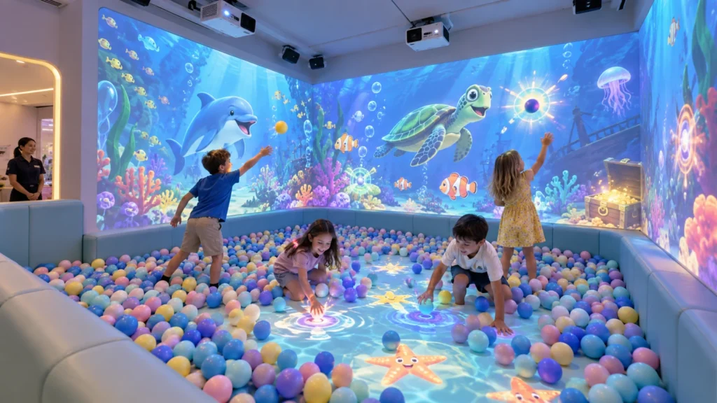 Children playing with soft balls in a OneCraze interactive ball pit projection room with underwater wall and floor visuals
