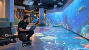 Technician calibrating an interactive projection system with maintenance tools and spare sensors