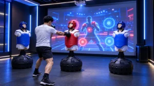Boxing game with projector and three physical punching targets
