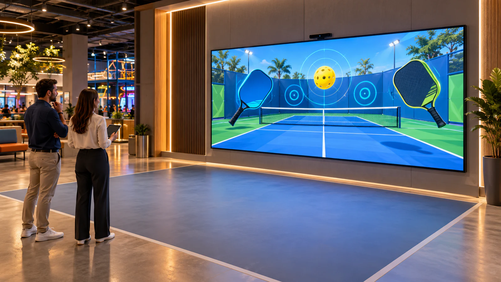 Large sports screen displaying a pickleball-themed game in an FEC