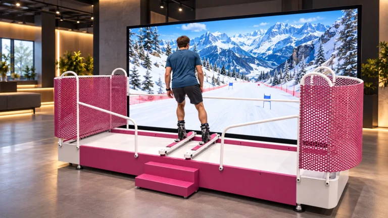 Commercial ski simulator with a snowy mountain game screen