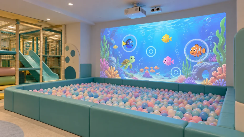 Ball pit with interactive underwater wall projection
