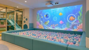 Ball pit with interactive underwater wall projection