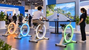 Interactive cycling game with illuminated bikes at an event