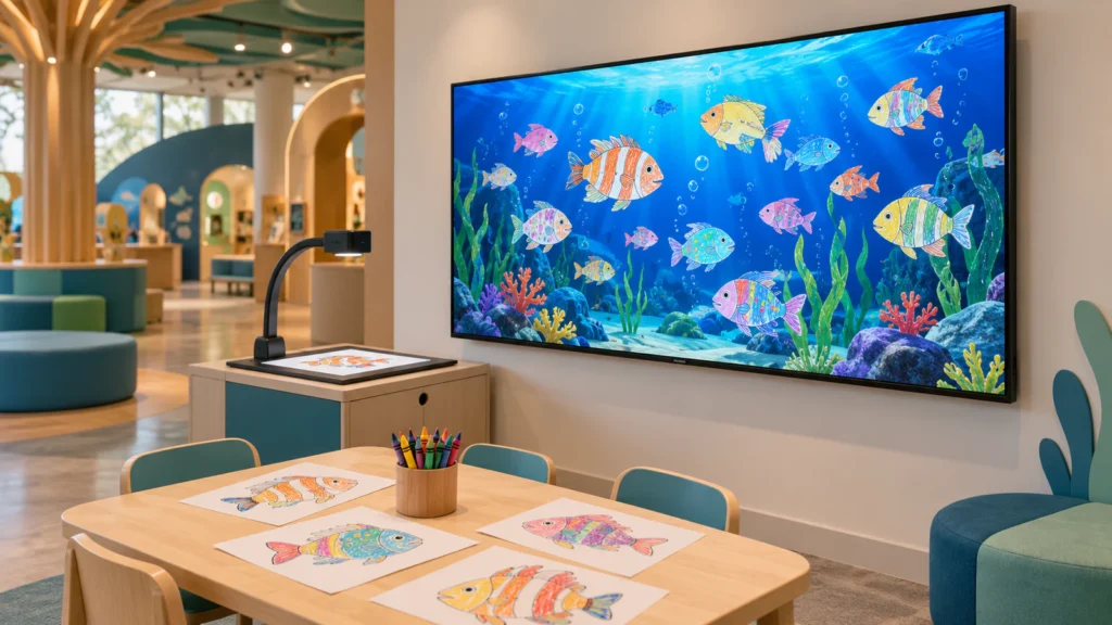 Drawing aquarium on a TV beside a scanning station