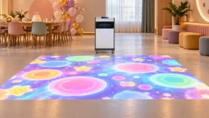 Mobile interactive floor projector in a birthday party room