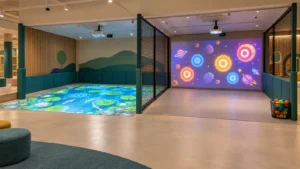 Interactive floor and wall games in two separate play zones