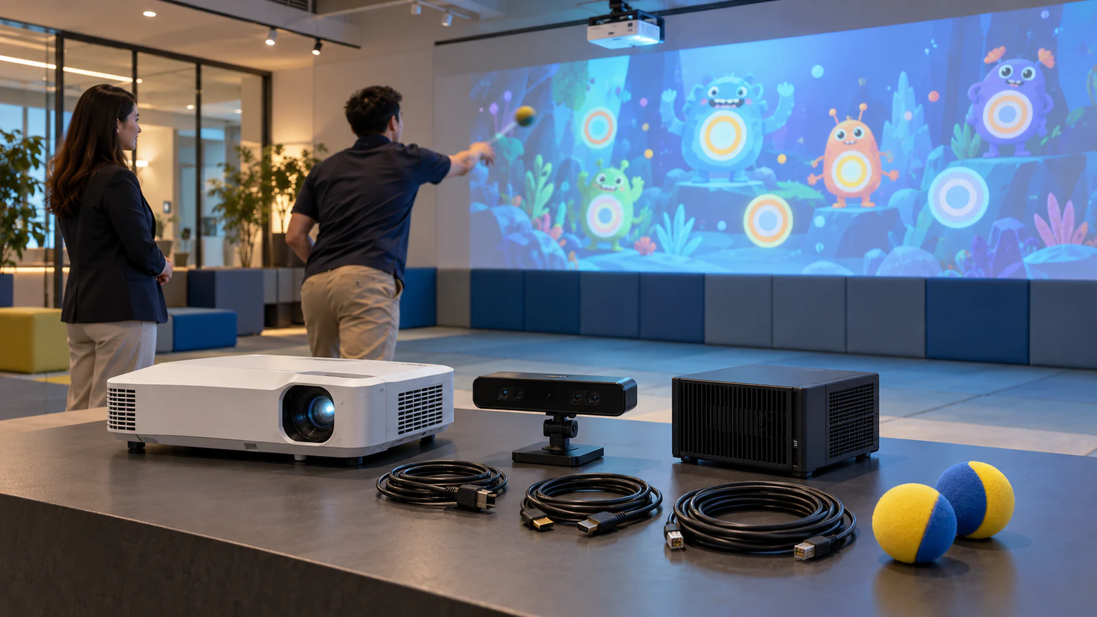 Interactive wall game kit with projector, sensor and computer